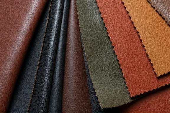Verschiedene farbige und texturierte Lederproben, die fächerförmig angeordnet sind.