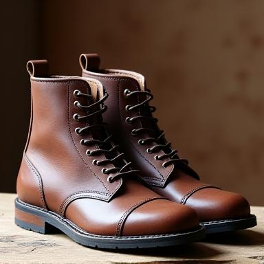 Ein Paar robuste, aber stilvolle braune Lederstiefel.